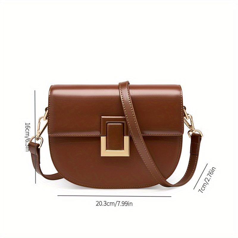2025 New Style Women's Vintage Saddle Crossbody Bag - Genuine Leather Shoulder Bag with Golden-Tone Buckle Closure, Polyester Lining & Oil-Edged Trim