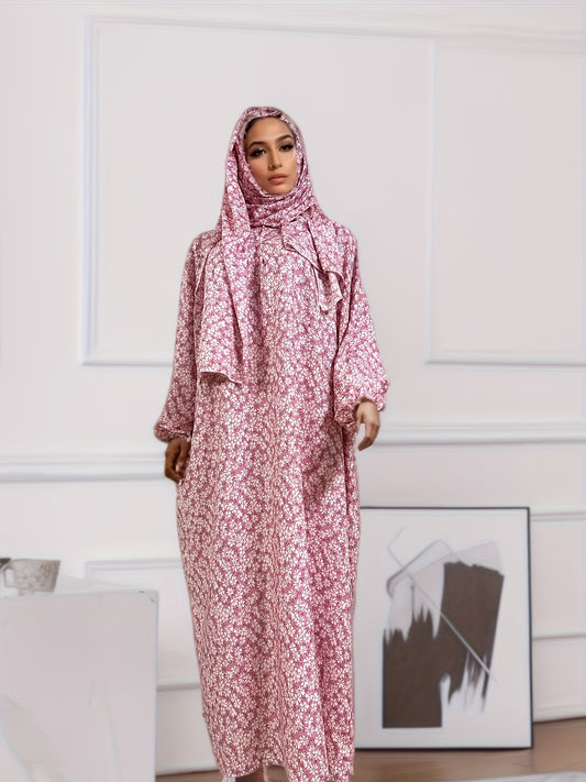 Elegant Floral Print Women's Prayer Modest Dress with Hijab Scarf - Long Sleeve Jibab Abaya, Maxi Length, Rayon Material, Pink & White Patterned Design, All-Season Wear, Religious Attire | Middle Eastern Fashion | Smooth Texture
