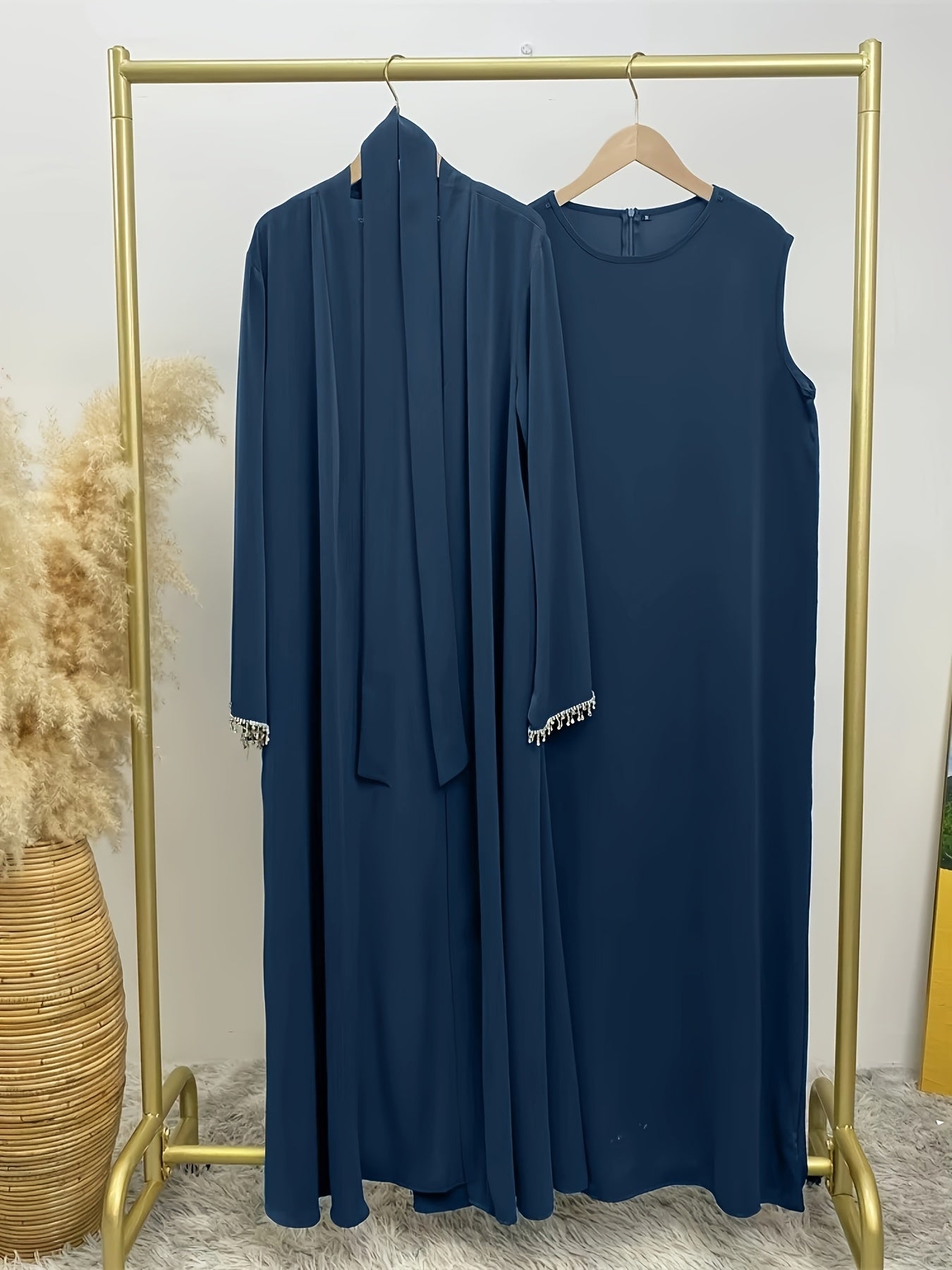 Ramadan Muslim Pakistani Abaya Women's 2pcs Set Rhinestone Open Front Hijab Dress Dubai Kaftan