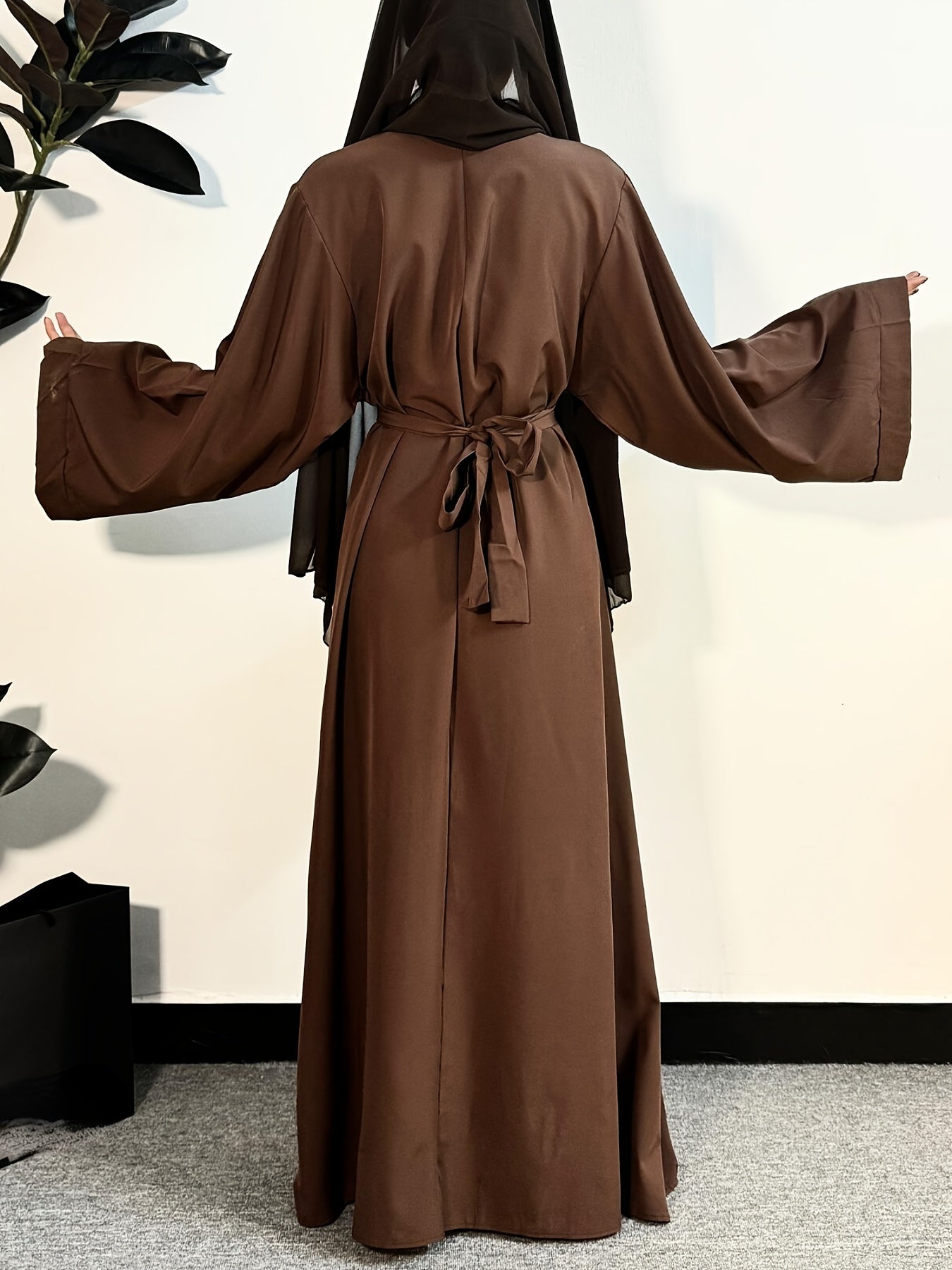 Women's Long Polyester Palestinian Abaya Kaftan with Belt - 100% Polyester, Solid Color, Regular Long Sleeve, Loose Fit, H-Contour, Woven, Non-Stretch, All Seasons, Full-Length Islamic Prayer Dress