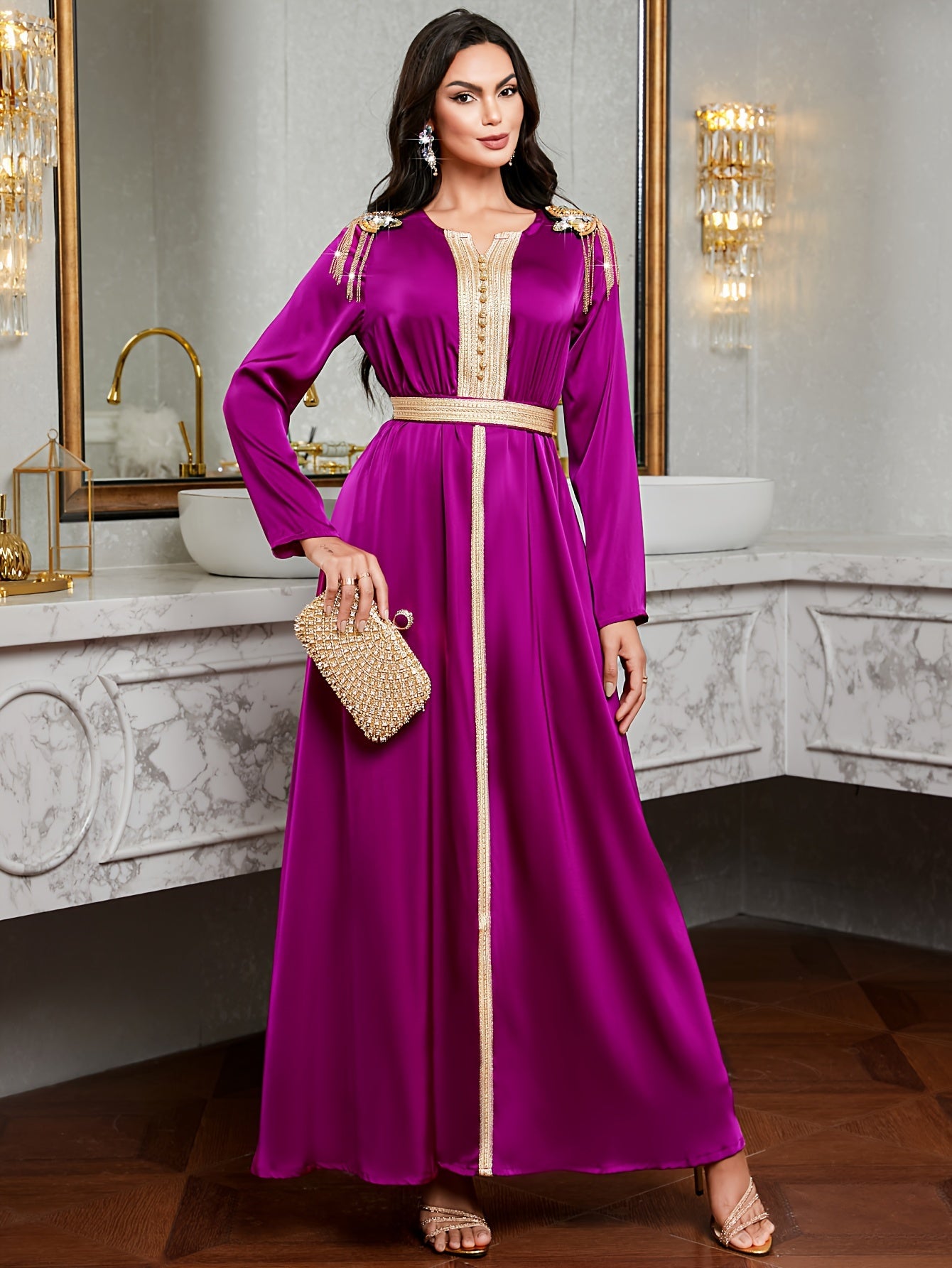 Elegant Purple Emirati Abaya Long Dress | Golden Embroidery, Tassel Detail, Belted, All-Season Wear, Formal Event Attire, Formal Attire, Embroidered Dress, Detailed Embroidery