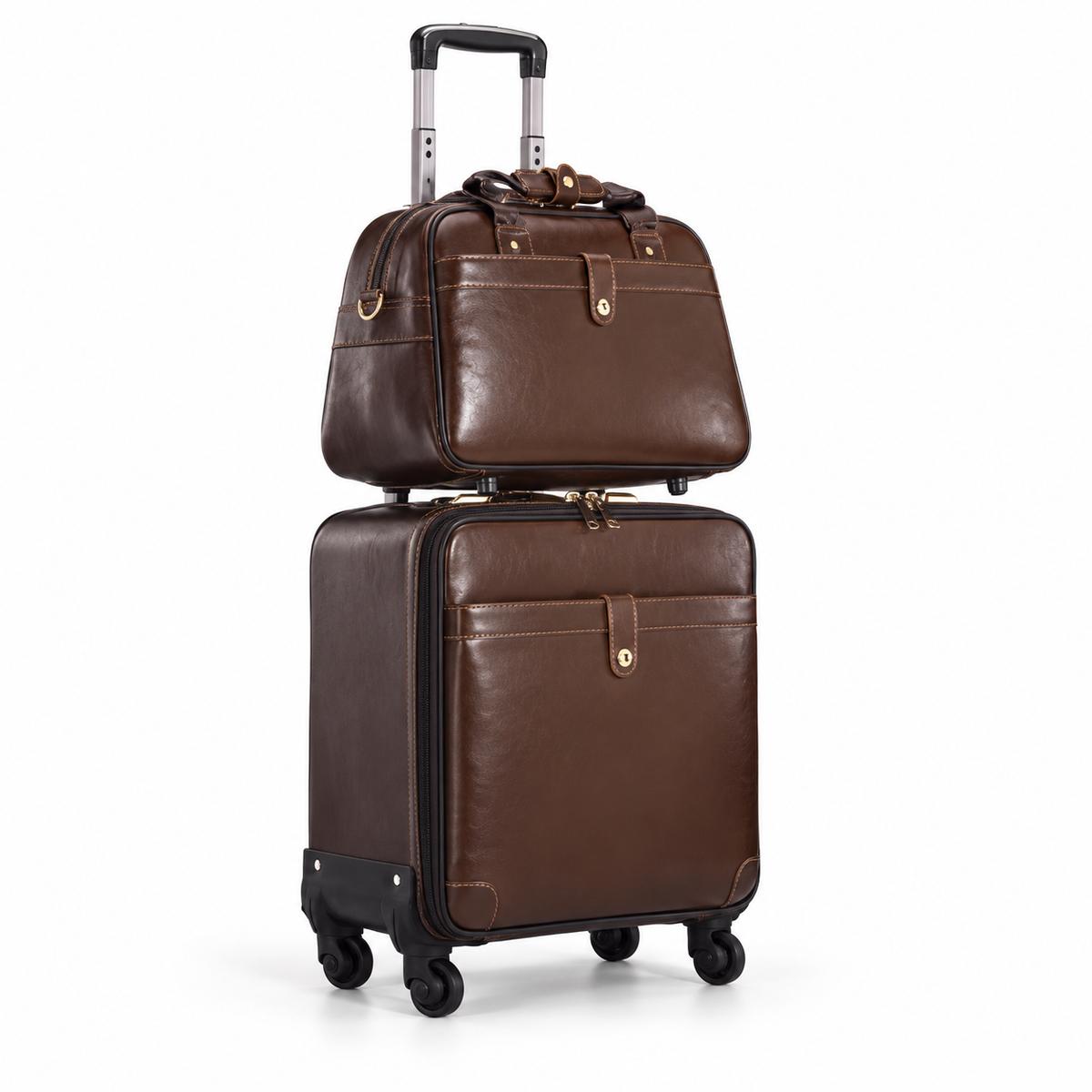 Classic Brown Leather Trolley Luggage Set