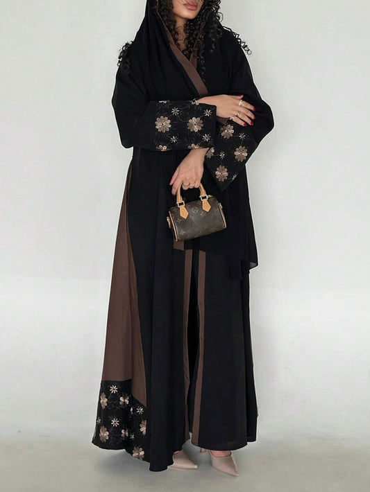 1pc Middle Eastern Traditional Abaya Robe - Black & White Contrast with Floral Pattern, Loose Fit Long Sleeve Open Front Design, Non-Stretch Fabric for All-Season Wear, Muslim Dress