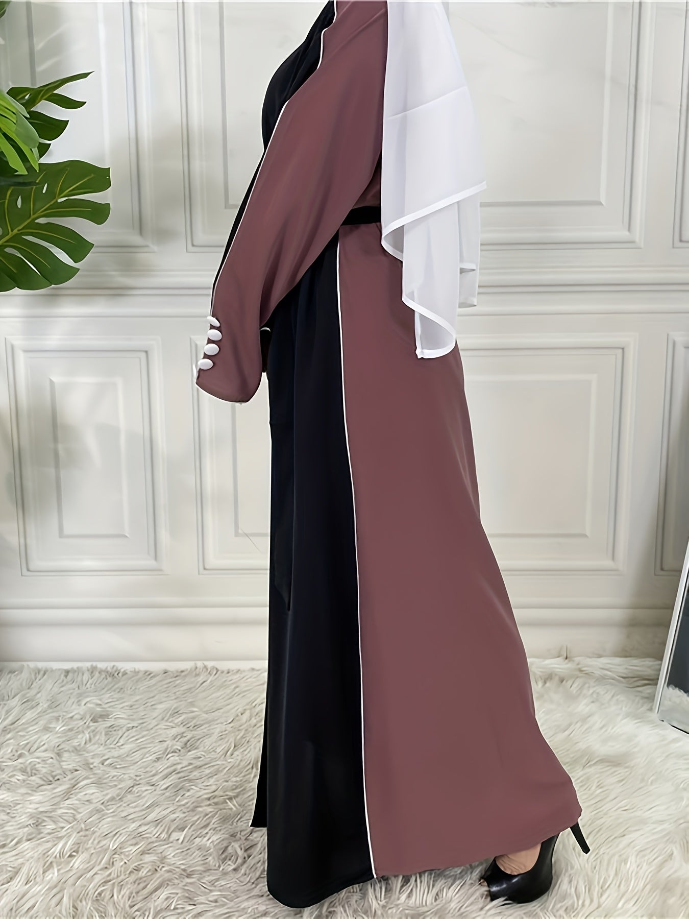 Women's Elegant Patchwork Batwing Sleeve Open Abaya - Long Sleeve, Button-Up Front, Lightweight Polyester, Perfect for Spring & Fall Casual Wear, Stylish Outdoor Attire | Breezy Abaya