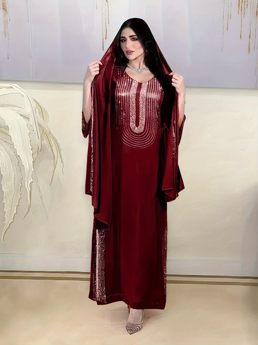 Elegant Tribal Pattern Polyester Modern Abaya, 100% Polyester Woven Dress, Rhinestone Embellished, Versatile for Home & Commute, Spring/Summer/Fall Collection