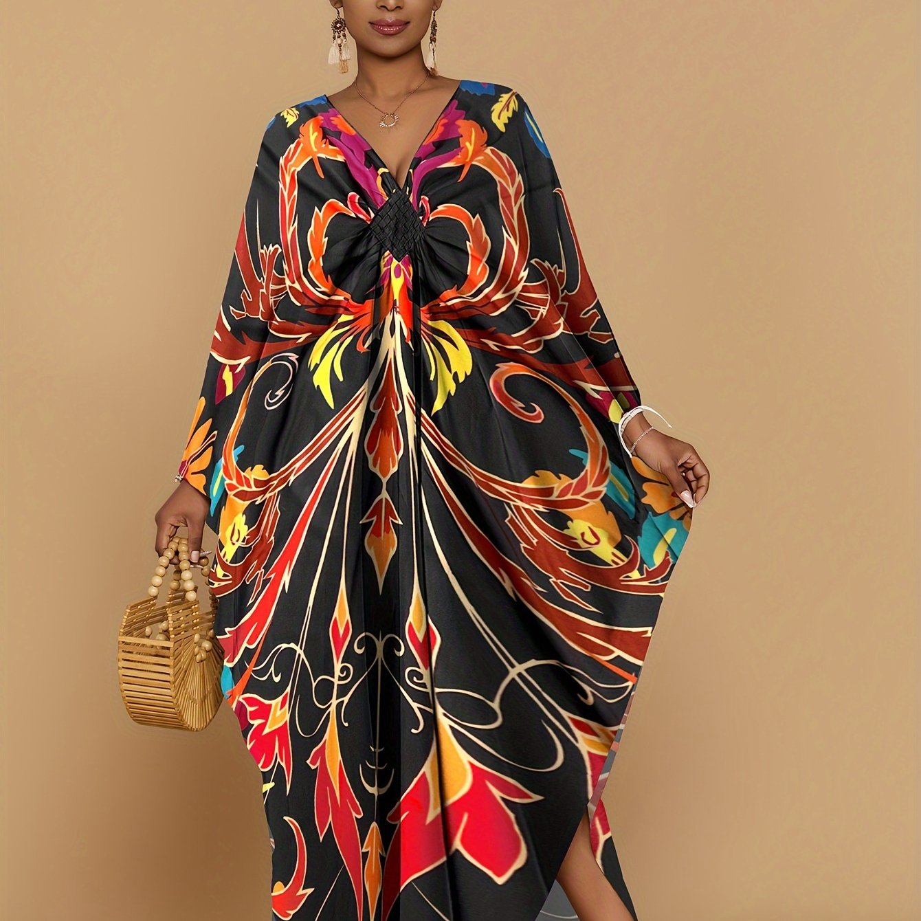 Vibrant Bohemian Kaftan Dress - Four-Sided Elastic V-Neck, Bat Sleeves, Beach Cover-Up