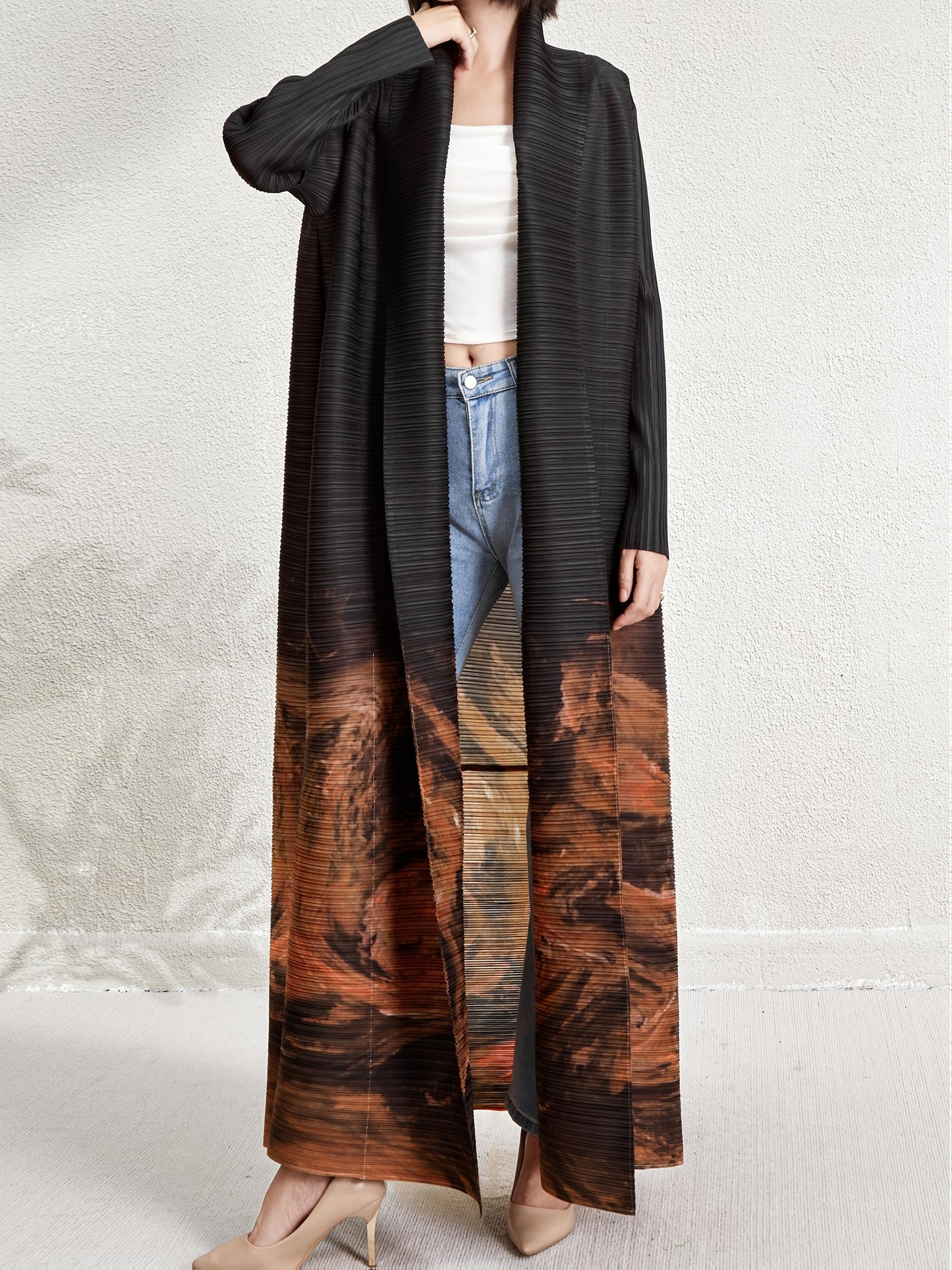 Women's Plus Size Geometric Print Long Sleeve Abaya Dress - Black & White Pleated Cardigan with Belt, Casual Loose-Fit Maxi Wrap for All Seasons