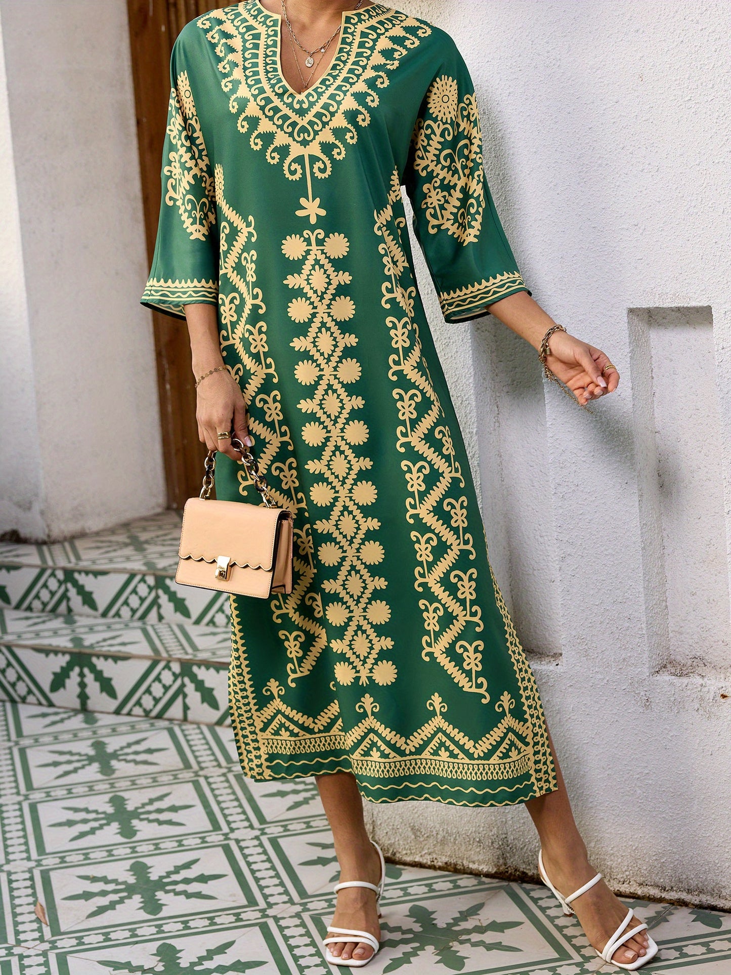 Ramadan Dress 3/4 Sleeve V-Neck Loose Long Dress Retro Print Arab Robe Kaftan Gowns