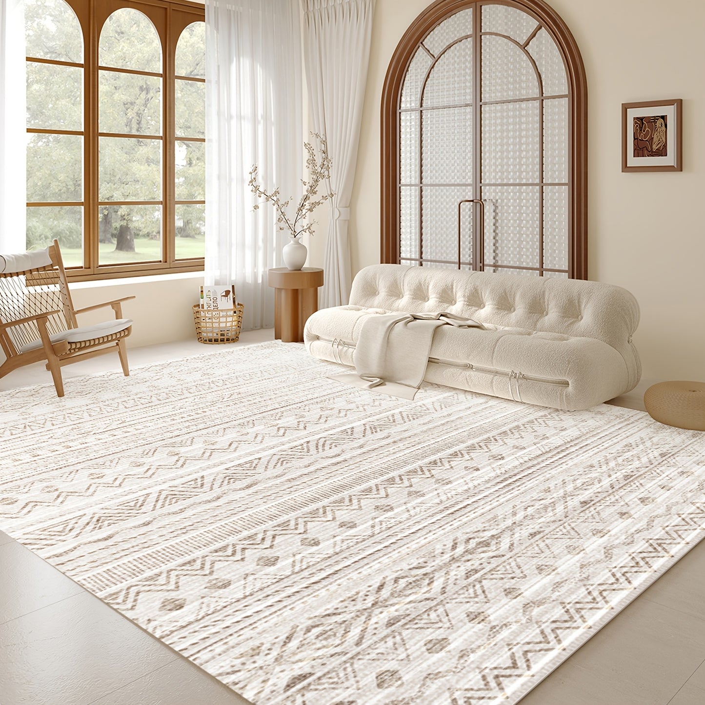 1pc Modern Moroccan Boho Rug - Neutral Blue & Brown Low-Pile Carpet Suitable for Living Room, Bedroom, Office - Machine Washable Soft Indoor Boho with Neutral Tones