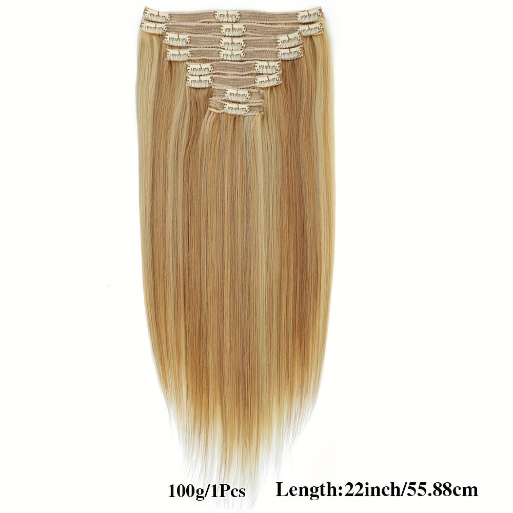 Straight Clip In Hair Extensions 8pcs With 18 Clips Real Human Hair Clip Ins For Women Double Weft Clip In Human Hair Extensions #12/613 Light Brown Mix Bleach Blonde Remy Hair Extension