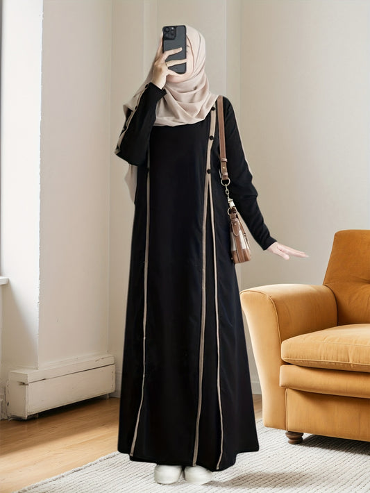 Women's Elegant Loose-Fit Long Sleeve Arabic Abaya with Adjustable Waist Belt - Solid Black Casual to Formal All-Season Machine Washable Traditional Attire, Modest Apparel, No Stretch Fabric