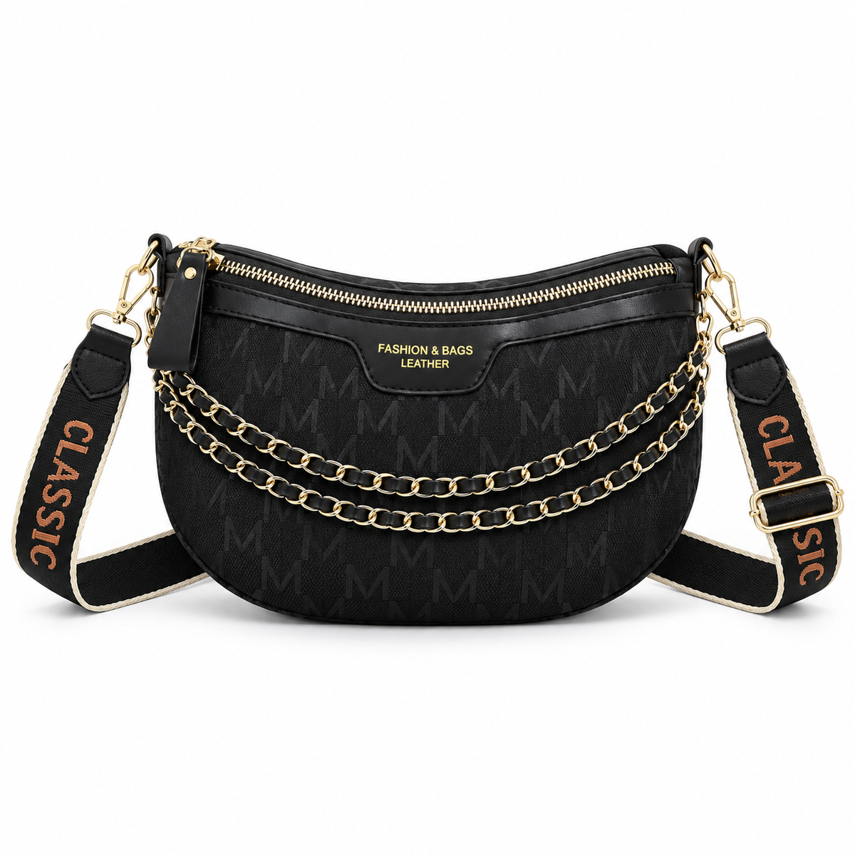 Black Monogram Crossbody Bag With Chains
