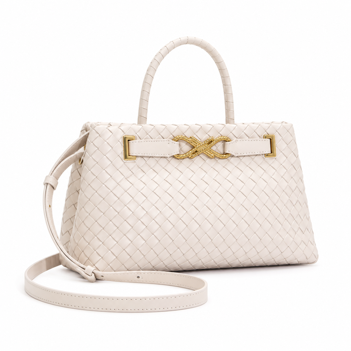Elegant Ivory Woven Handbag Gold Accents
