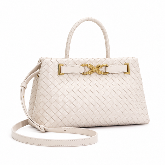 Elegant Ivory Woven Handbag Gold Accents