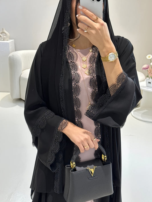Solid Color Black Lace Pakistani Abaya, Headscarf Jacket Two-Piece Set + YT