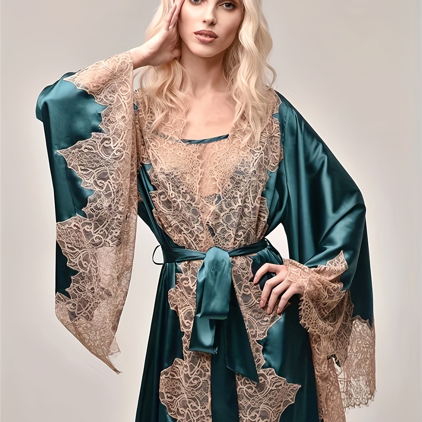 2pcs Satin Lace Kimono Abaya | Women's Bridal Robe On Wedding Day Light Long Lace Home Dress Pajamas