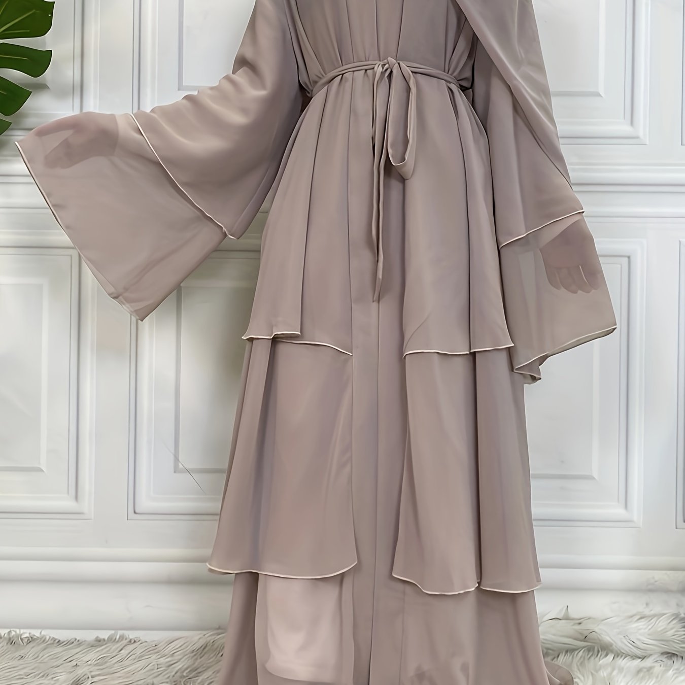 Ramadan Layered Open Front Modest Pakistani Abaya, Long Sleeve Muslim Dress With Belted, Without Hijab, Women's Clothing