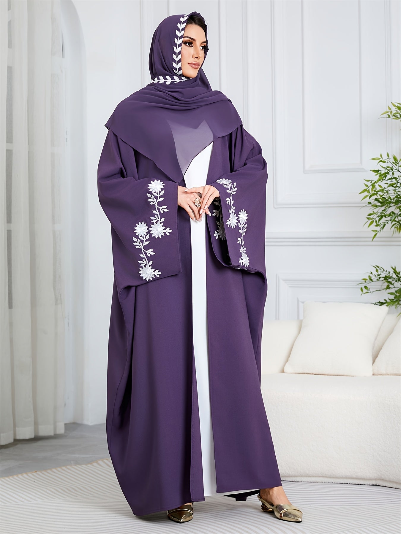 Purple & White Elegant Dubai Floral Open Abaya Hijab Set - Kaftan Dress with Batwing Sleeves, Loose Fit for Women | All Seasons, Floral Design, Texture