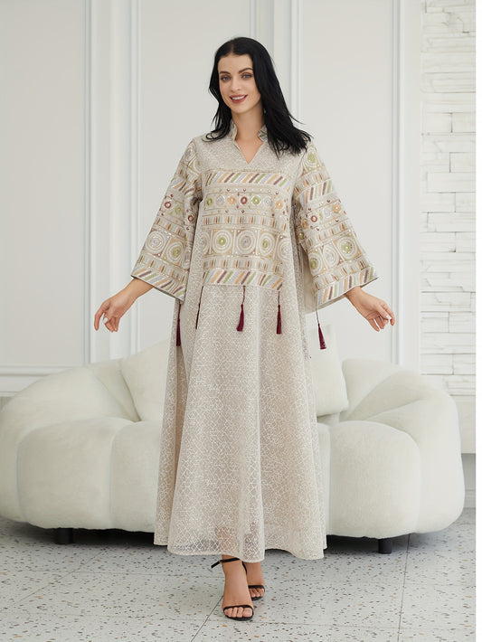 Women's Middle Eastern-Inspired Kaftan Abaya Dress - Luxurious Lightweight Geometric Pattern Long Sleeve Loose Fit Floor-Length Elegant Evening Gown for Spring Summer Fall