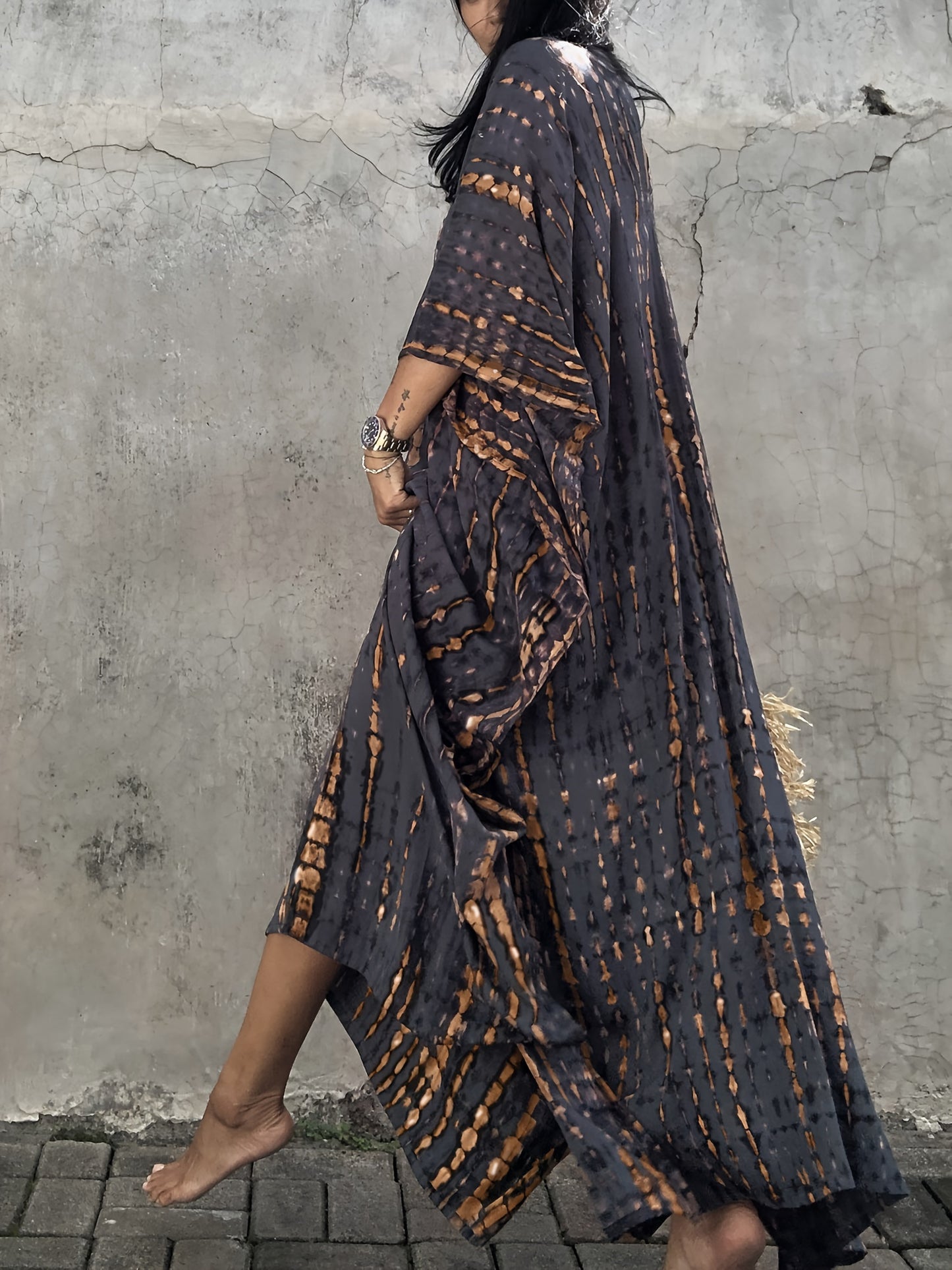 Plus Size Tie Dye Pattern Kaftan Abaya, Casual V Neck Batwing Sleeve Slit Dress, Women's Plus Size Clothing
