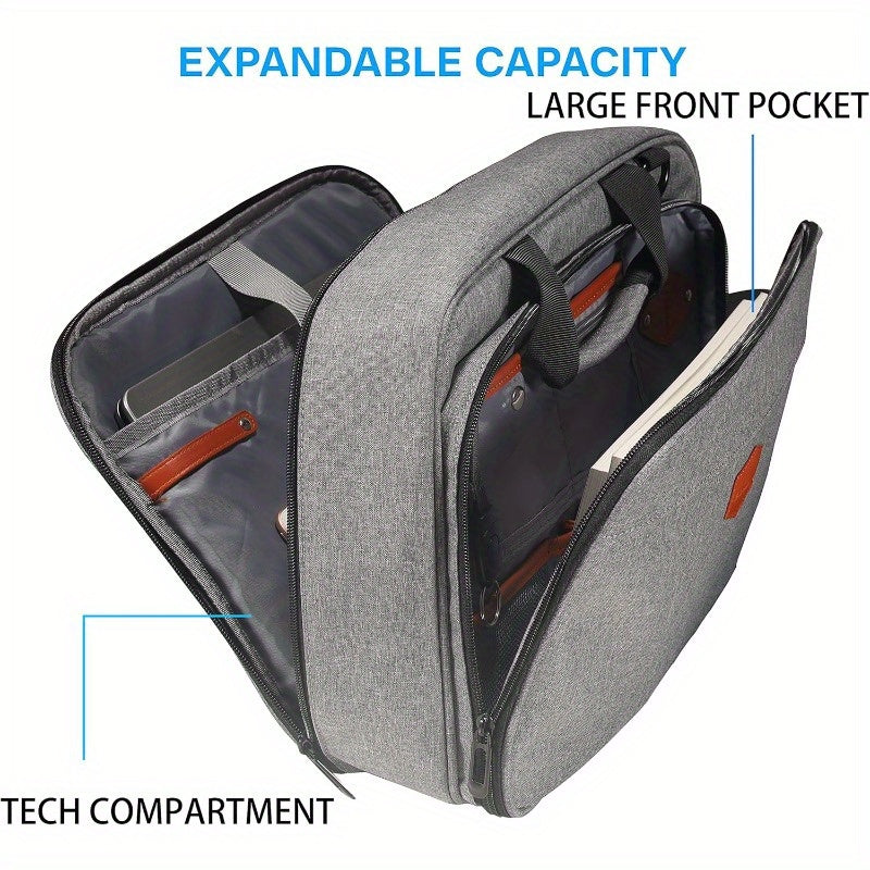 15.6 Inch Leather Laptop Bag Convertible to 2 Separate Pouches - Canvas Messenger Bag with Detachable Compartment, Multiple Pockets