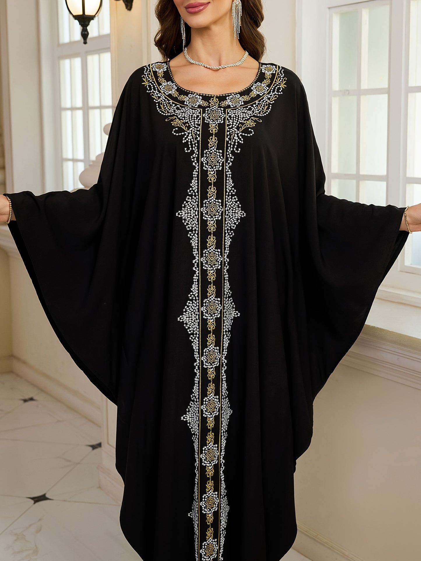 Plus Size Elegant Long Sleeve Batwing Kaftan, Viscose Non-Stretch Fabric, Tribal Embroidery, Loose Fit, with Woven Traditional Middle Eastern Abaya Robe for Festive Occasions