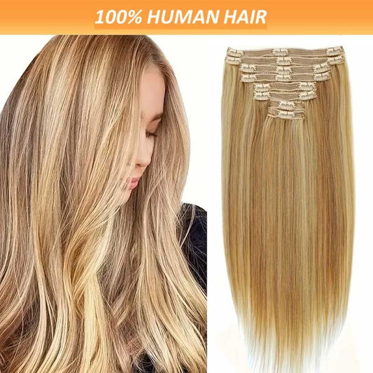 Set of 8pcs of Straight Human Hair Extensions with Double Weft, Featuring 18 Clips, Available in Lengths from 8 to 26 Inches, Color #12P613