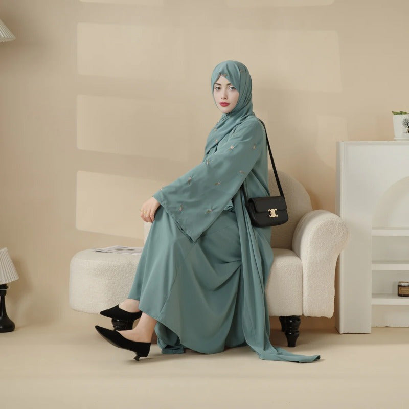 Tulip Embroidery Open Abaya 4pcs set: Includes open abaya, inner dress, matching belt, and hijab