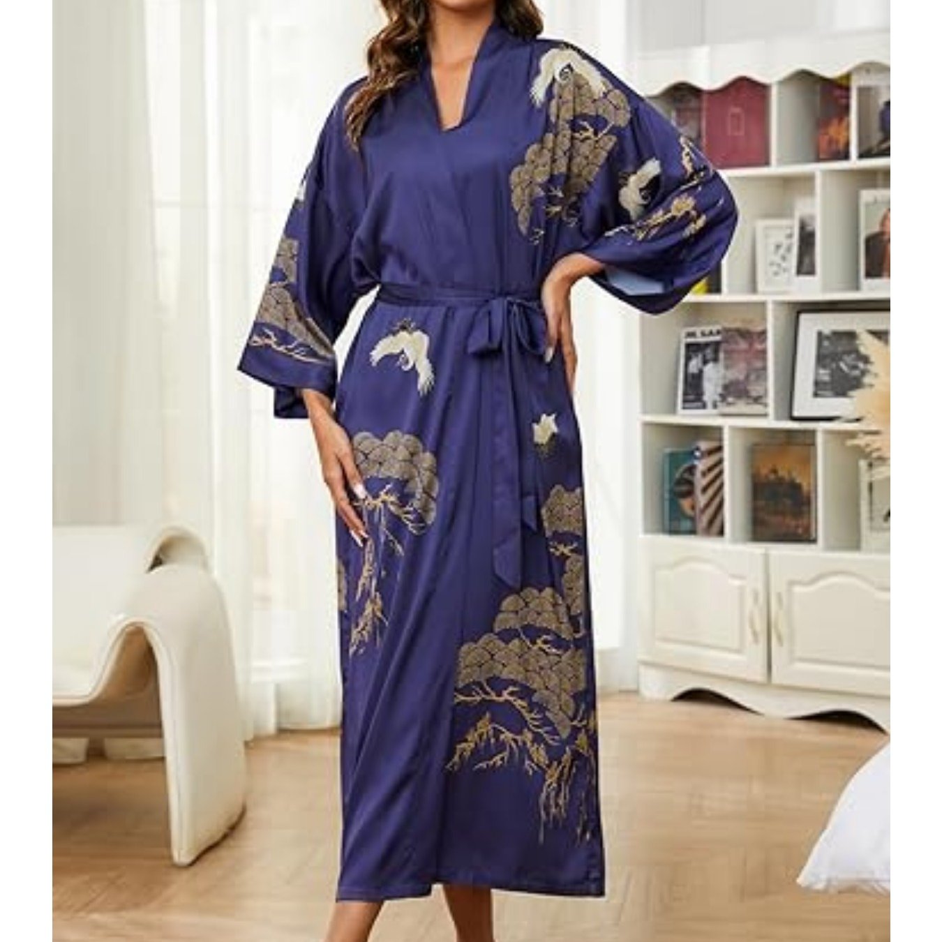 Women's Kimono Robe Long Bathrobe Women's Pajamas Floral Print Wedding Robe Nightgown Satin Bridesmaid Robe