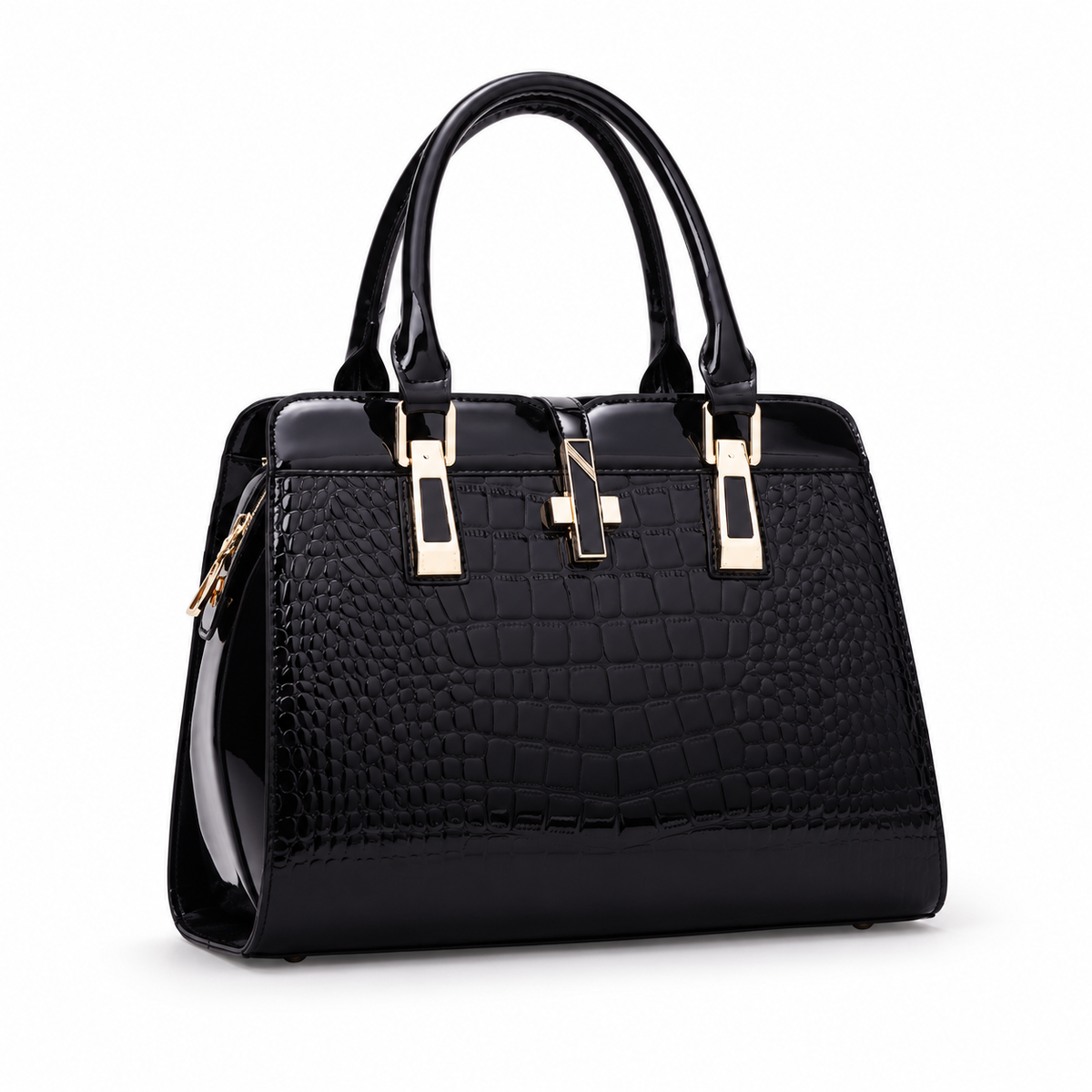 Elegant Black Crocodile Embossed Structured Handbag