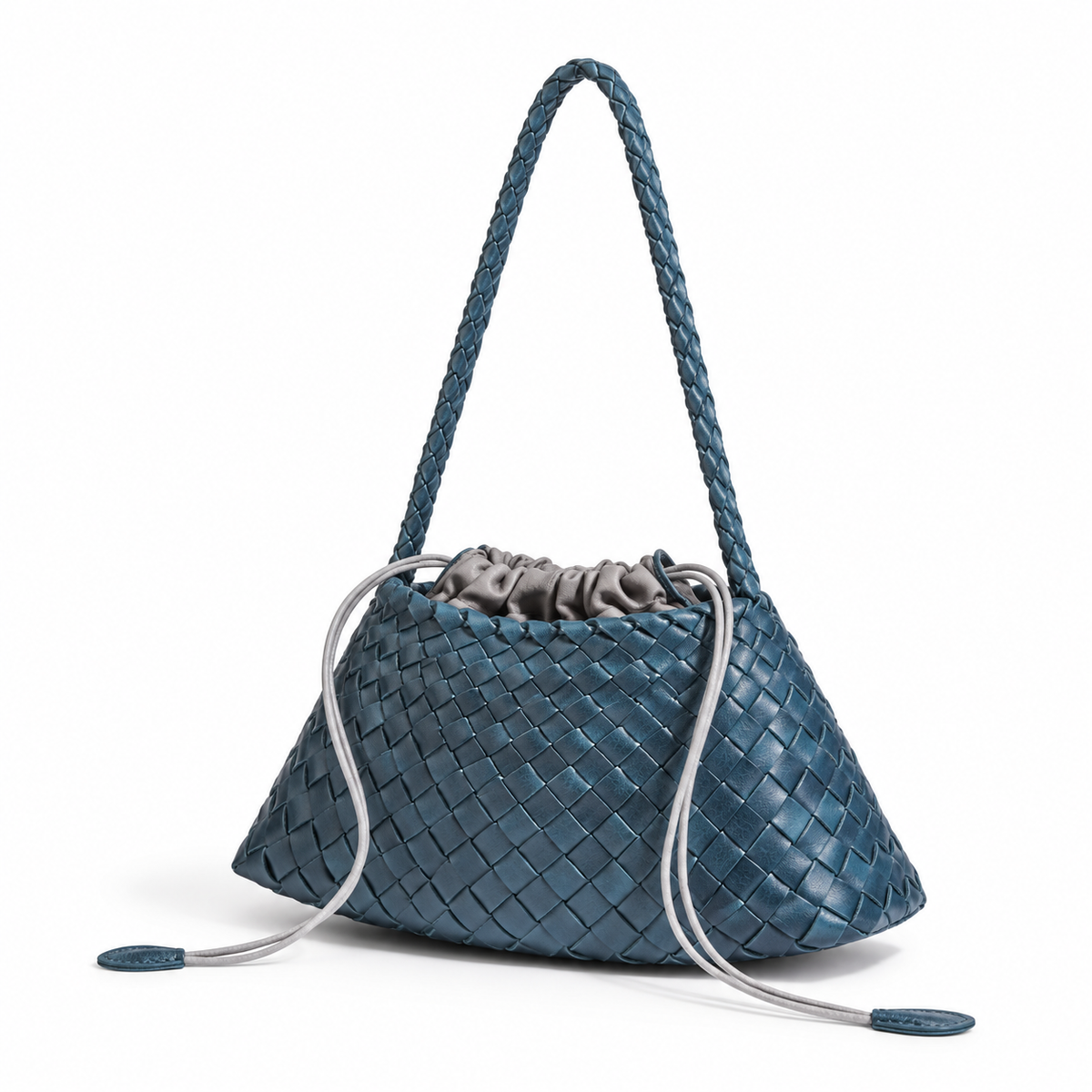 Teal Woven Drawstring Braided Shoulder Bag