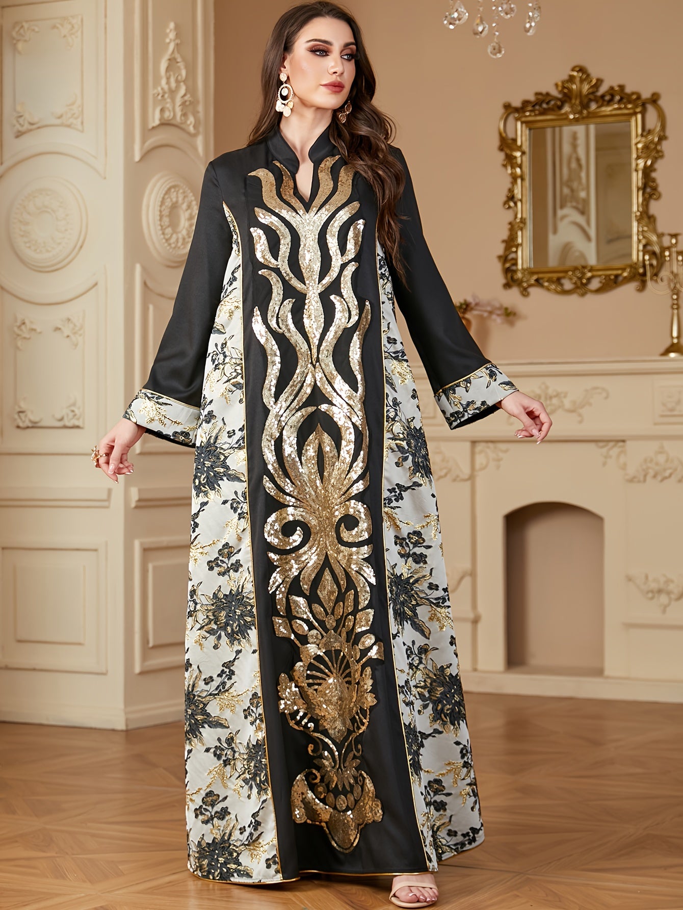 Polyester Long Sleeve A-Line Modern Abaya, Color Block Pattern, Contrast Sequin Design, Non-Stretch Fabric, Woven, 130g/m², with Asymmetrical Hem, for Muslim Women