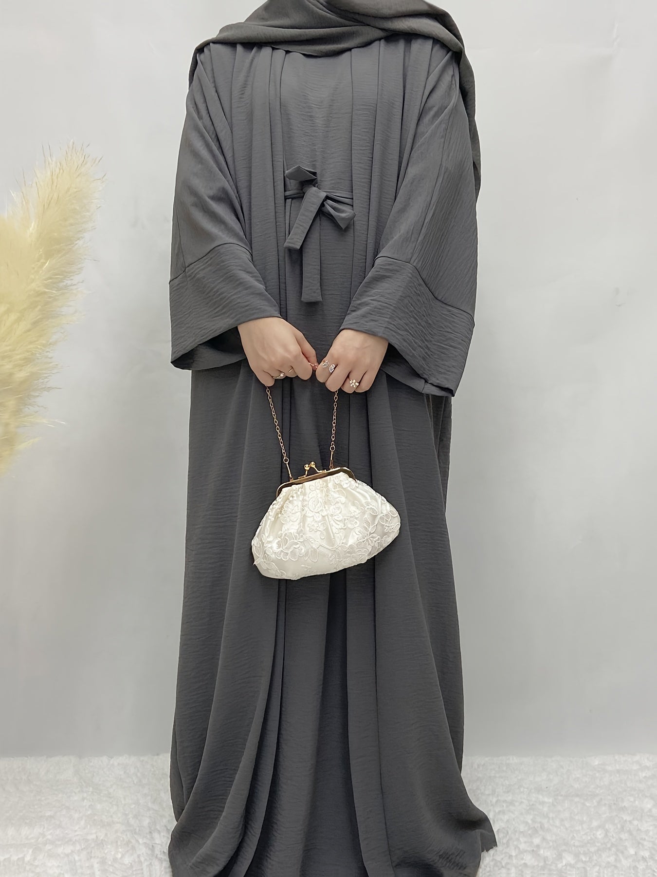 Muslim Lady 2pcs Arabic Abaya Set Eid Abaya Inner+open Abaya With Pocket
