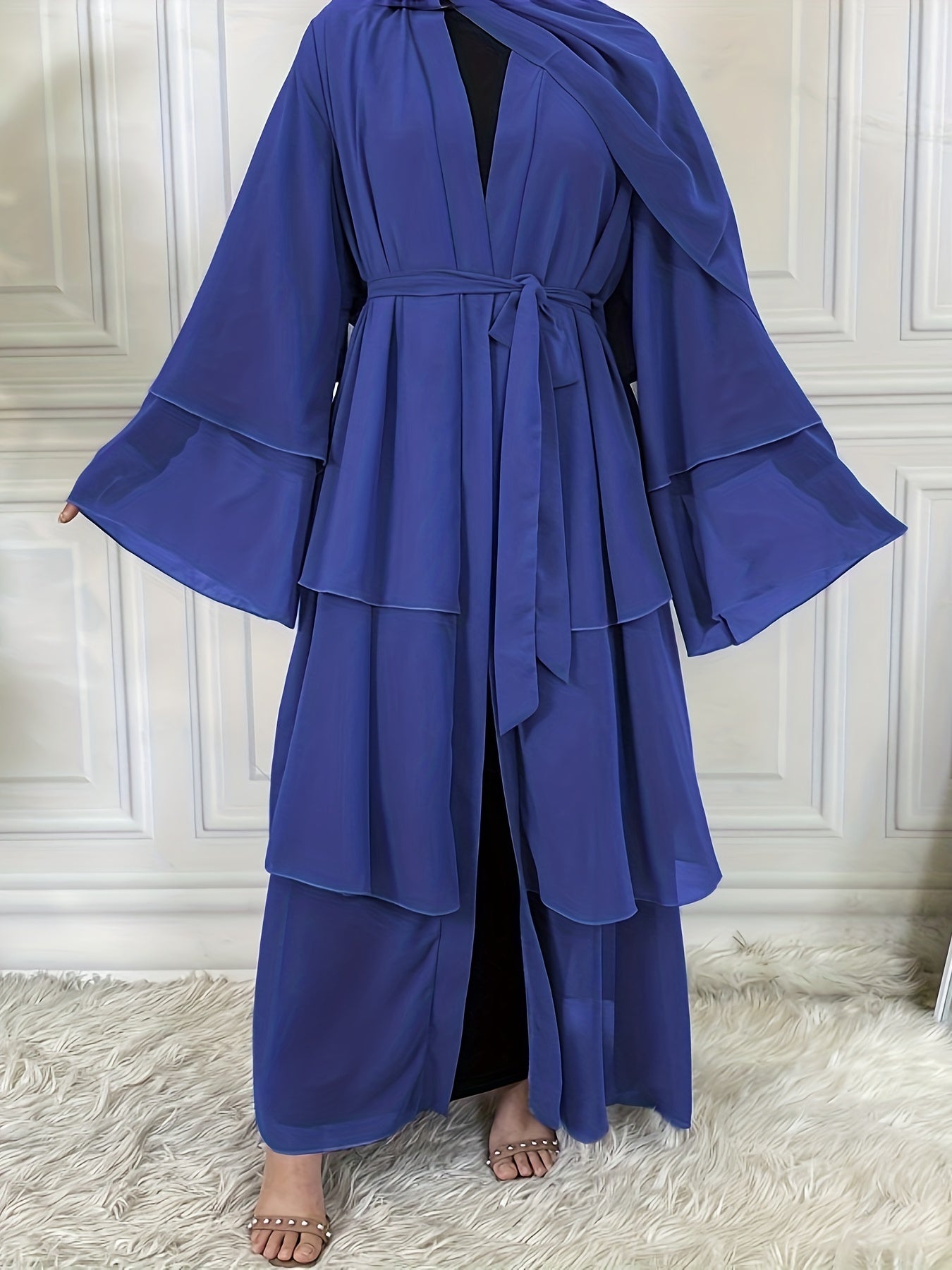 Ramadan Layered Open Front Modest Pakistani Abaya, Long Sleeve Muslim Dress With Belted, Without Hijab, Women's Clothing
