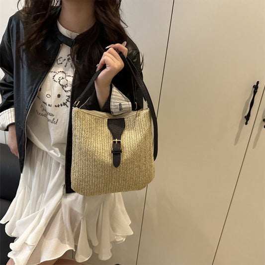 Fashion Simple Straw Bag Summer Versatile Messenger Bag Woven Handbag Women's Shoulder Bag Commuter Casual Bucket Bag