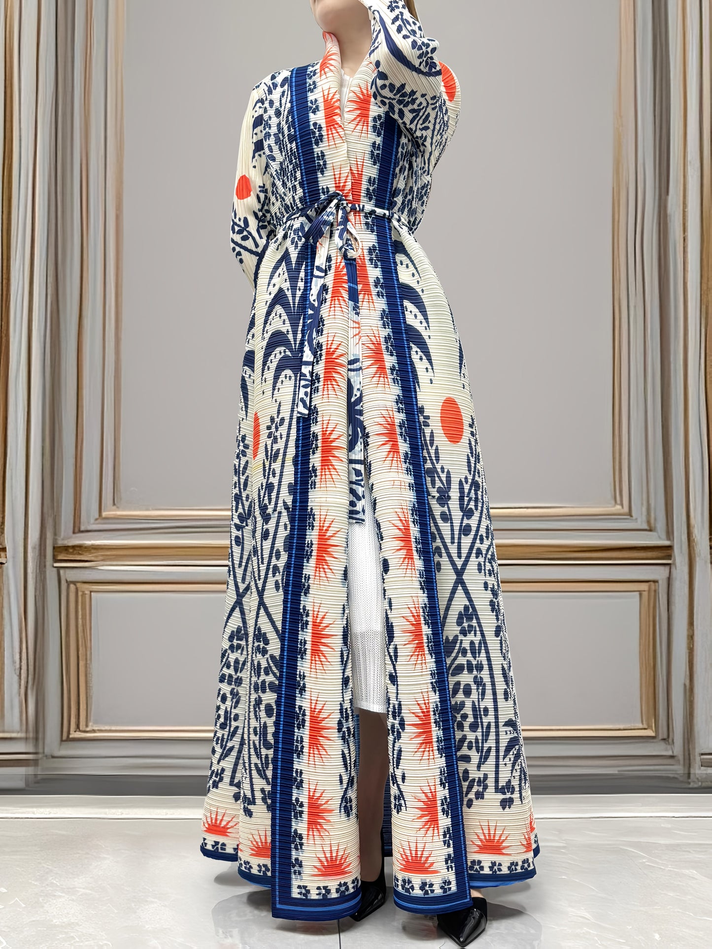 Plus-Size Middle Eastern Floral Print Robe - Blue & Red A-Line Long Lightweight Abaya with Belt, High-Stretch Machine-Washable Fabric for Spring/Fall Outdoor Wear, Fall Wardrobe, Loose Fit