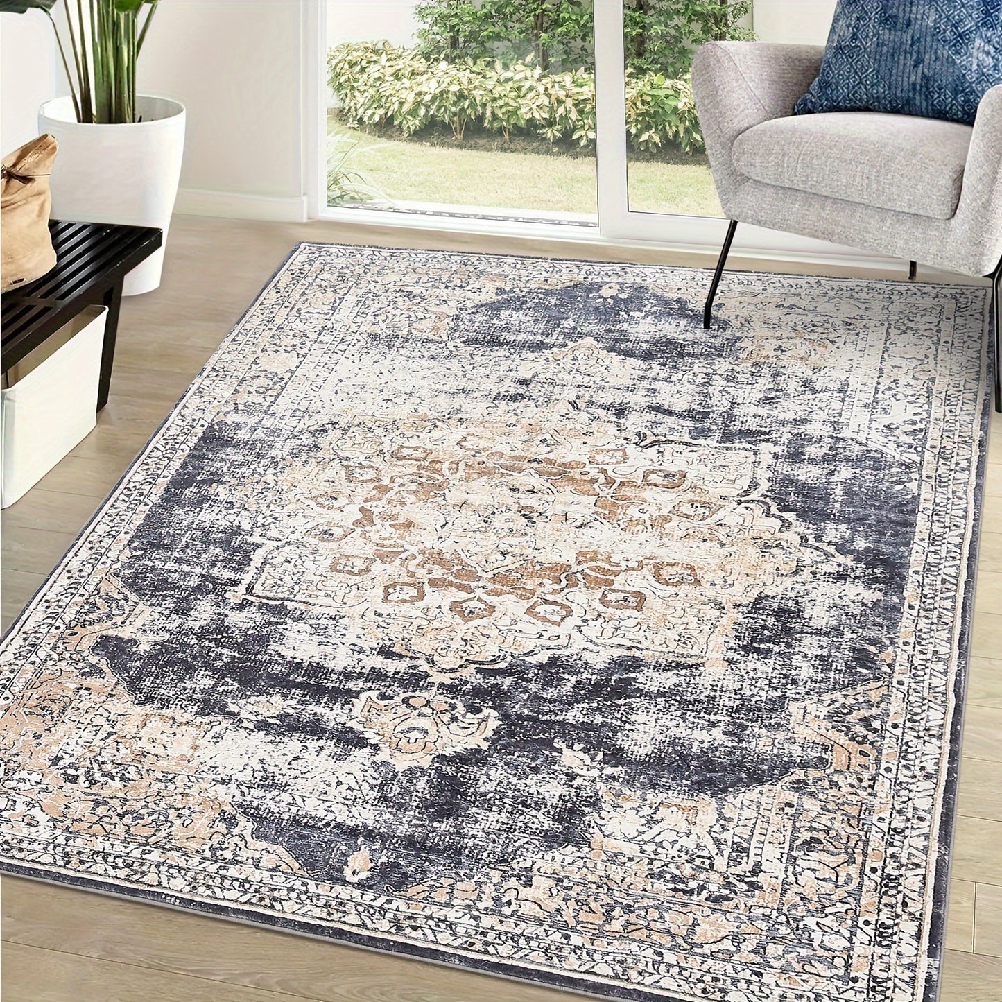 Oriental Medallion Printed Medium Area Rug, Low Profile Pile Rubber Backing Indoor Vintage Rugs, Ideal for Living Room Dining Room Bedroom Office, Beige