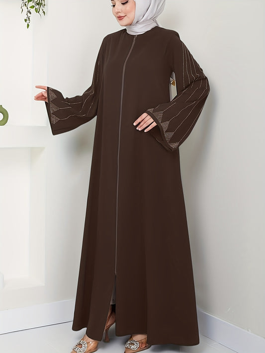 Elegant Brown Open Abaya for Women - Long Sleeve, Front Zipper Closure, Flowing Design, Perfect for Spring/Summer/Fall, Traditional Middle Eastern Style, Polyester Fabric