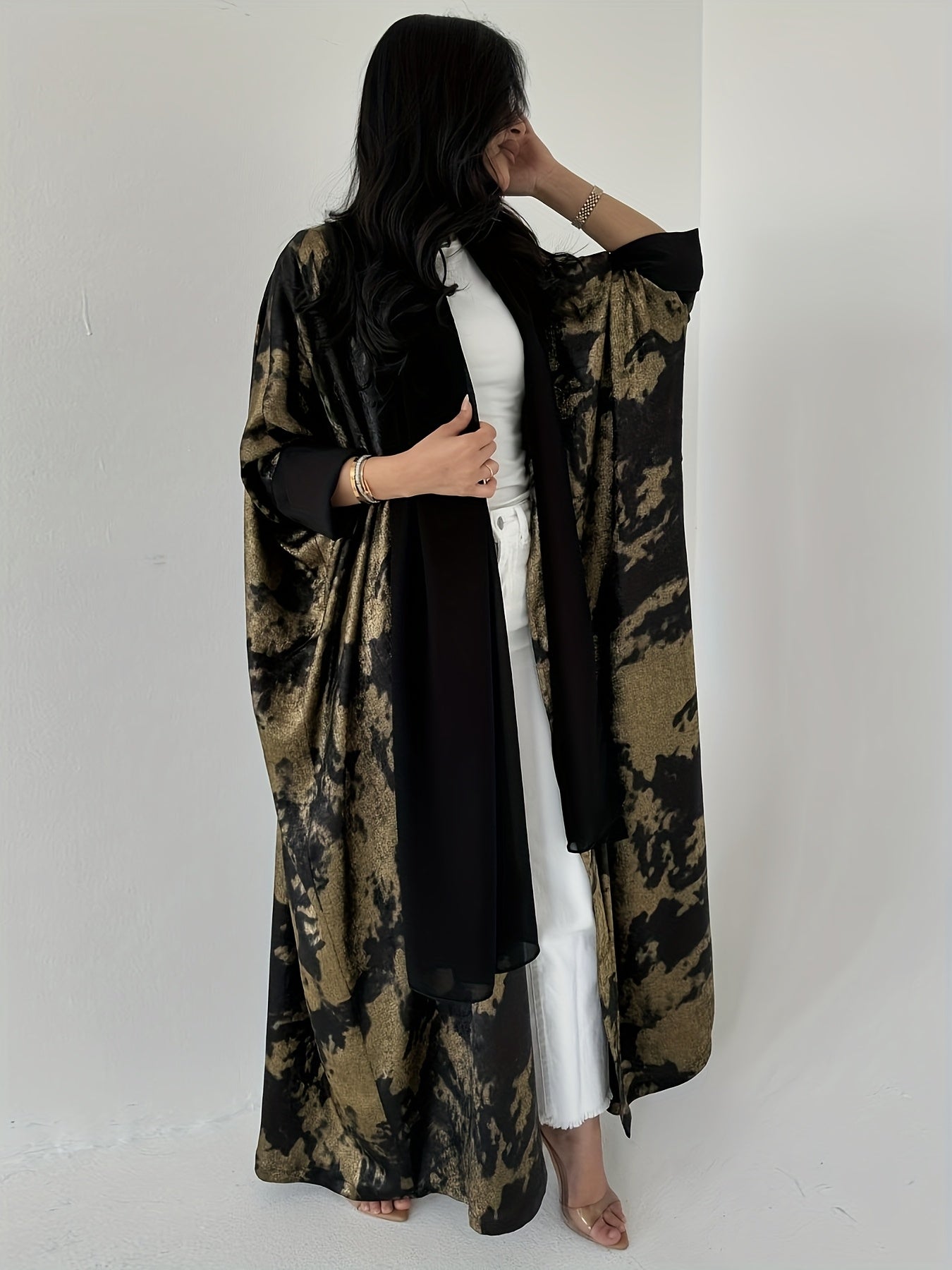 Women's Islamic Abaya Robe - Elegant Black & Golden Arabic Gulf Wedding & Everyday Hijab Coat, Long Flowing Muslim Dress with Open Front, Non-Stretchy Fabric for Modest Muslim Women