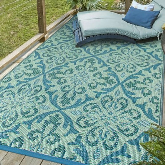 Waterproof Outdoor Rug 6x9 ft Reversible Plastic Straw Patio Medium Rug for Camping RV Mat Outside Indoor Outdoor Carpet for Porch Deck Backyard Camper Picnic Green and White 6x9