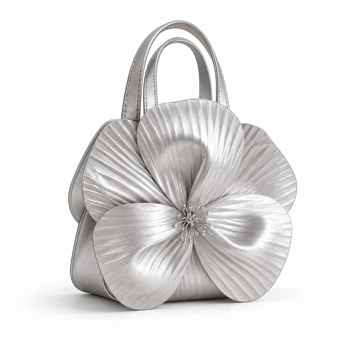 Silver Metallic Flower Sculpted Handle Clutch