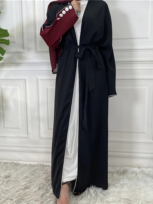 Women's Elegant Patchwork Batwing Sleeve Open Abaya - Long Sleeve, Button-Up Front, Lightweight Polyester, Perfect for Spring & Fall Casual Wear, Stylish Outdoor Attire | Breezy Abaya