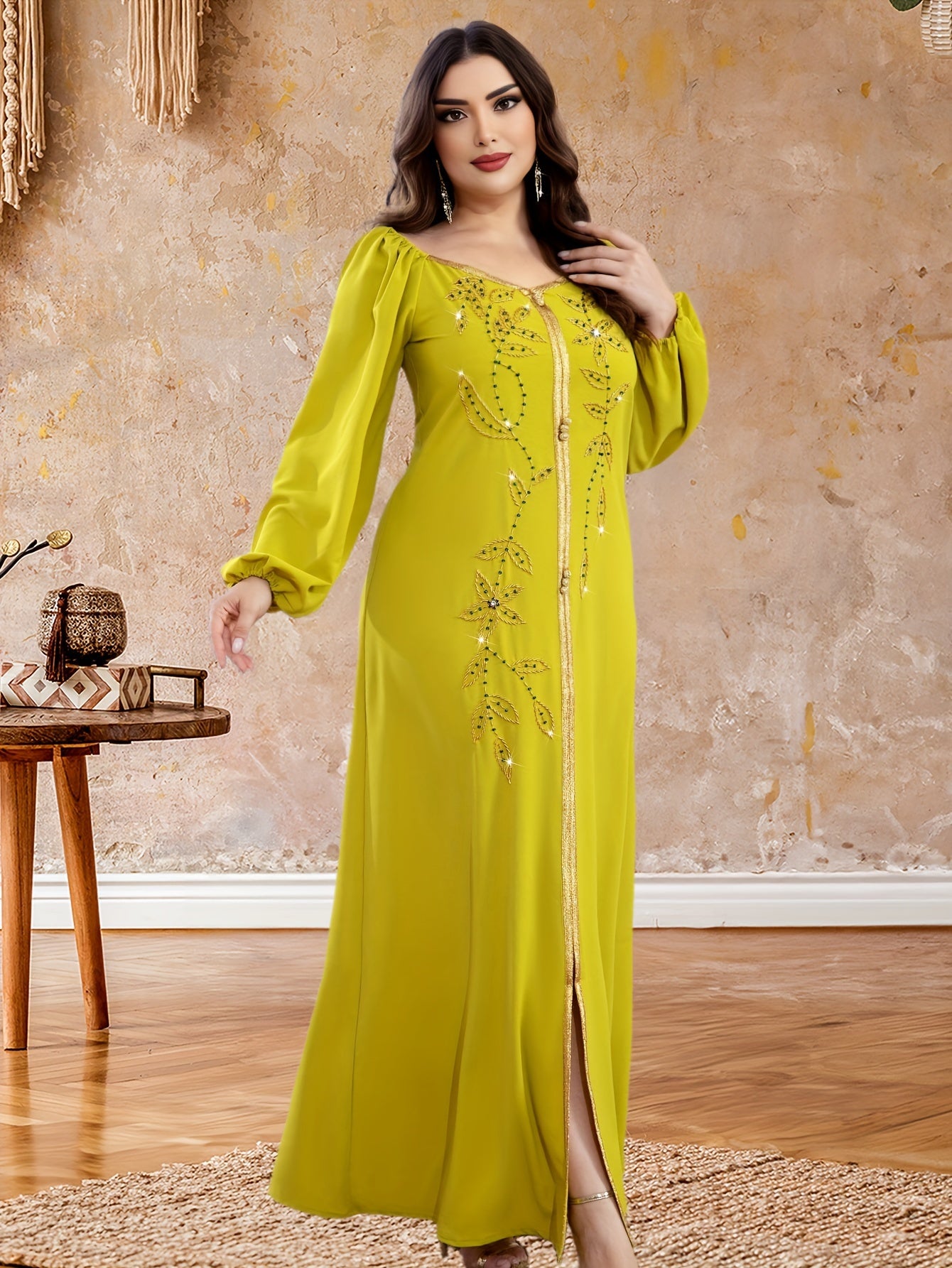 Elegant Long Sleeve Polyester Dress with Lantern Sleeves, Solid Color, Tie Back, and Belted Waist Palestinian Abaya