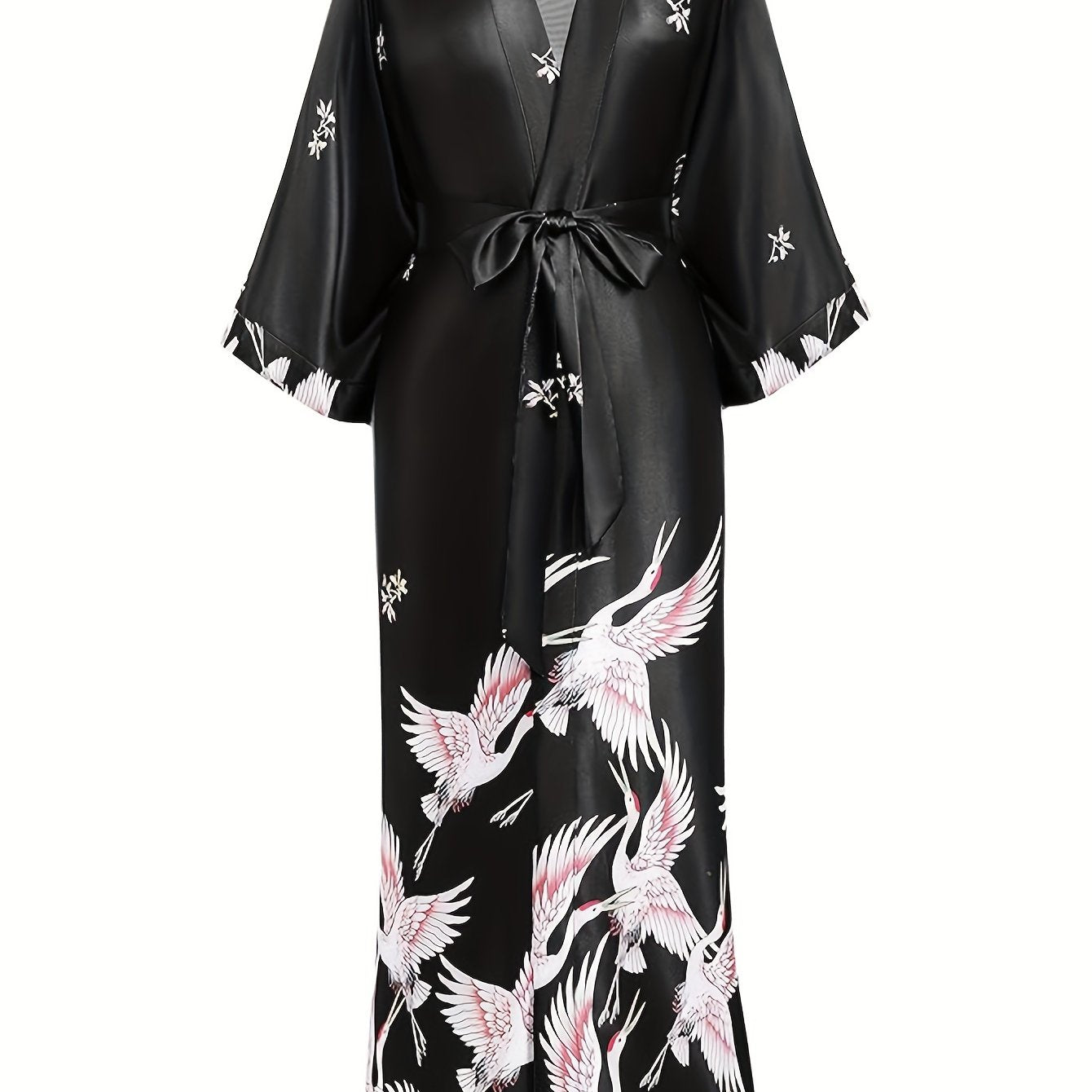 Long Kimono Robe Satin Sleepwear Blouse Bathrobe Nightgown Floral Crane Kimono Cardigan Robe