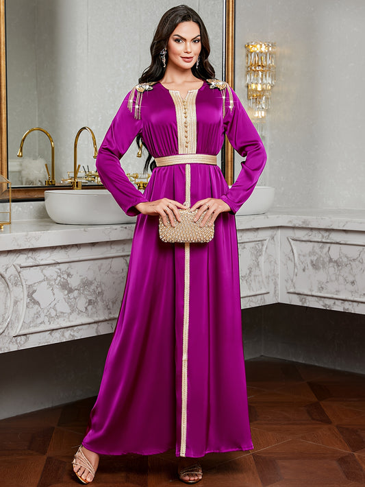 Elegant Purple Emirati Abaya Long Dress | Golden Embroidery, Tassel Detail, Belted, All-Season Wear, Formal Event Attire, Formal Attire, Embroidered Dress, Detailed Embroidery