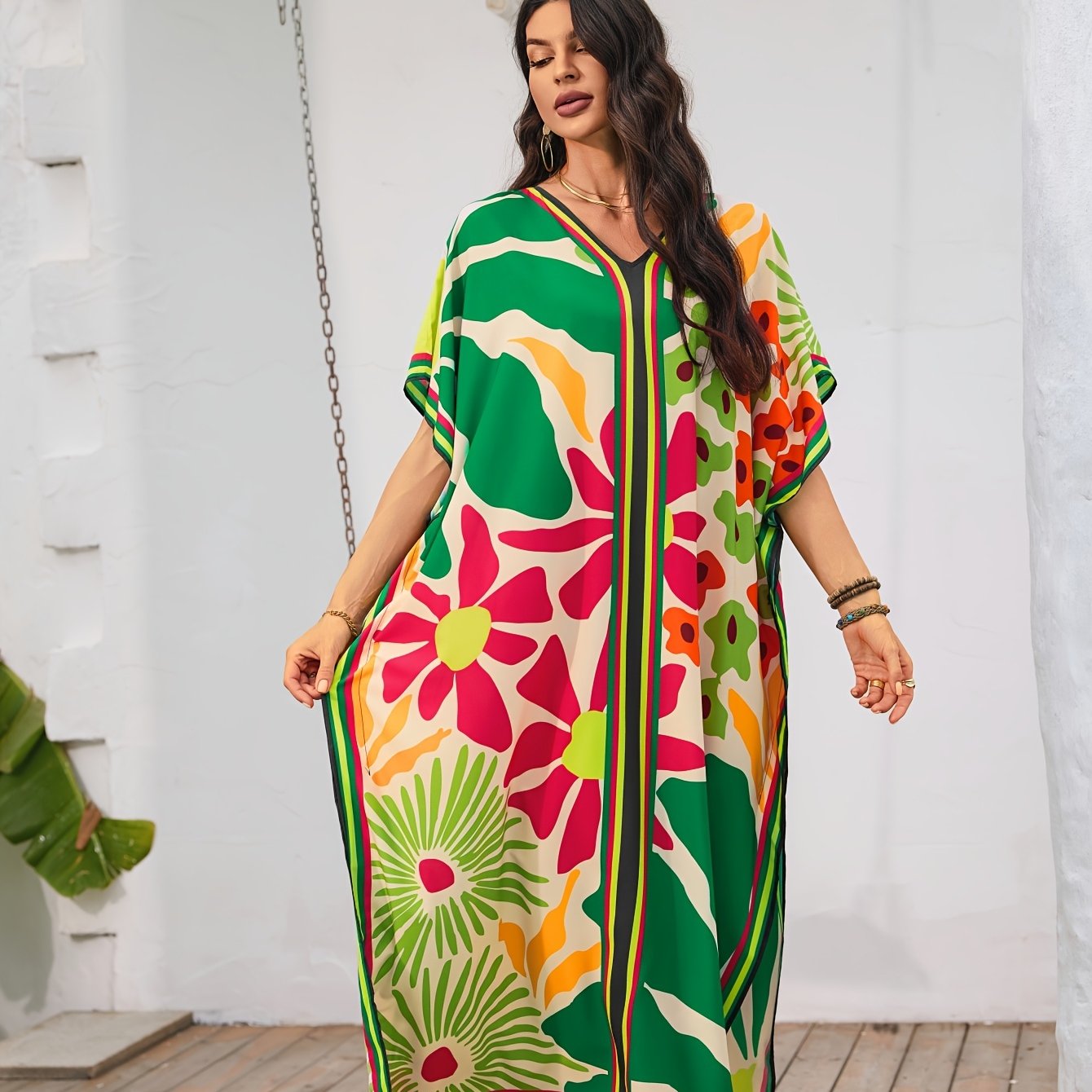 [Viscose Kaftan Dress, Boho Style] 1pc Viscose Kaftan Dress - Floral Print Casual Midi Loose Fit Beach Boho Style with Short Sleeves for Summer Resort Wear