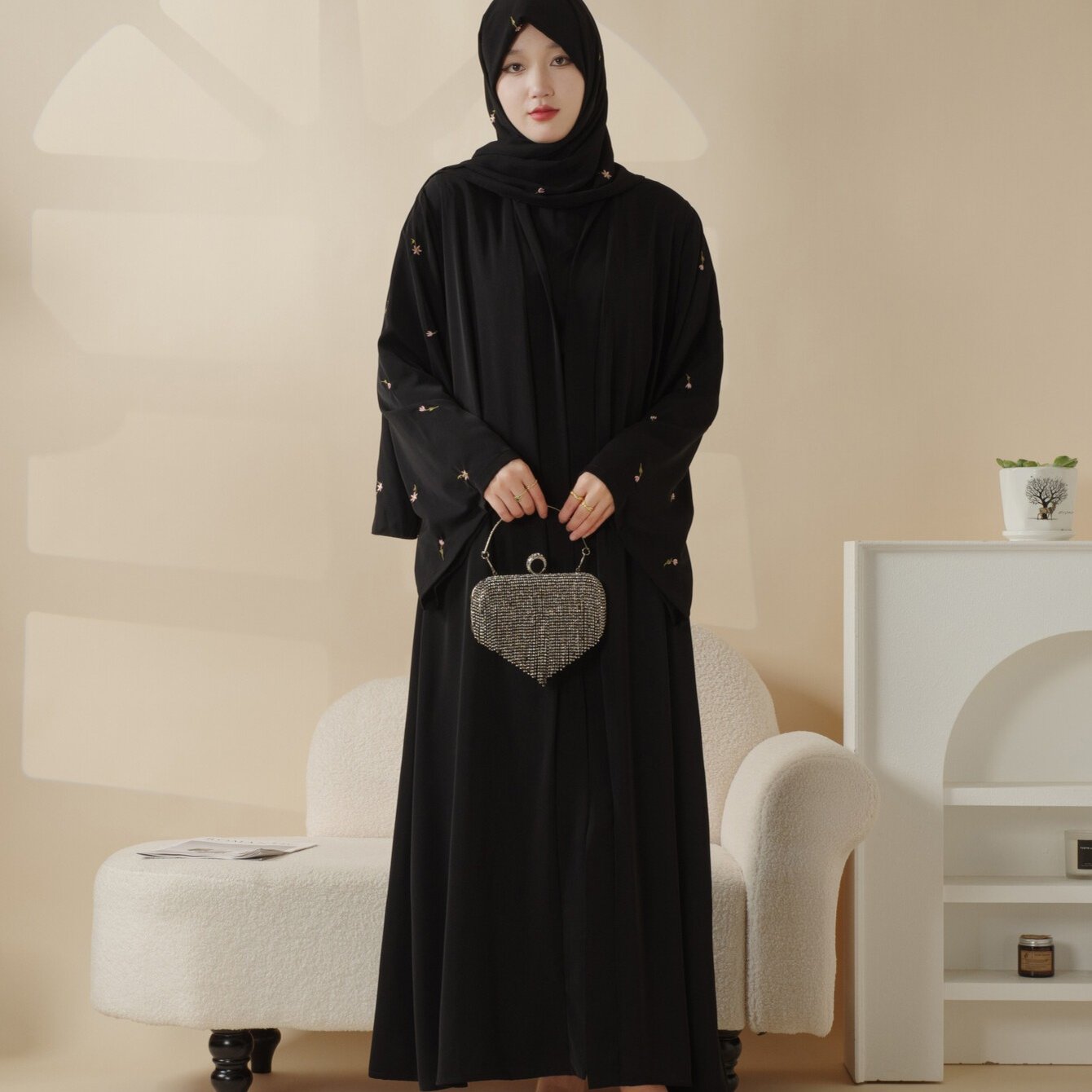 Tulip Embroidery Open Abaya 4pcs set: Includes open abaya, inner dress, matching belt, and hijab