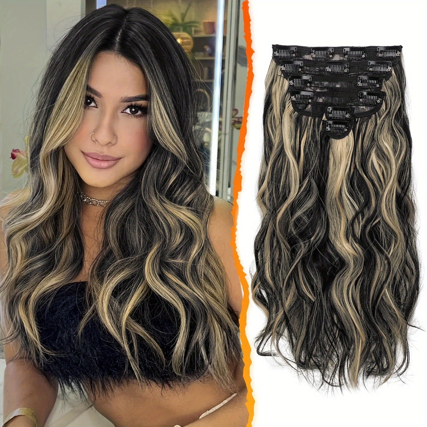 BARSDAR Wavy Clip In Hair Extensions - 16 Inch Copper Clip In Hair Extensions For Women - 6pcs Full Head Thick Soft Synthetic Clip In Hairpieces Daily Party Halloween