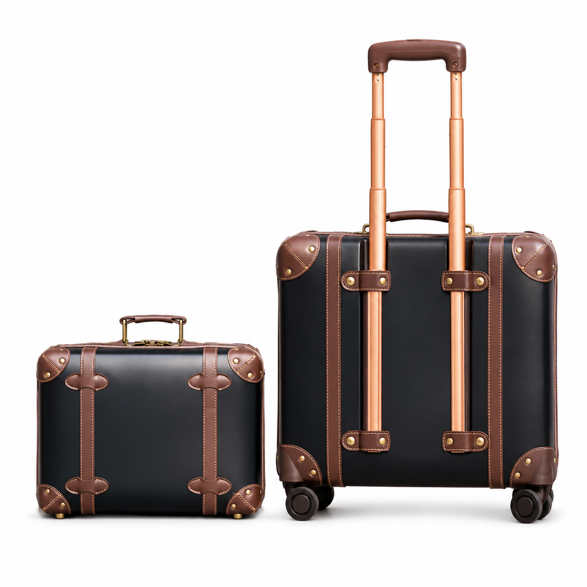 Vintage Black Brown Leather Trolley Luggage Set