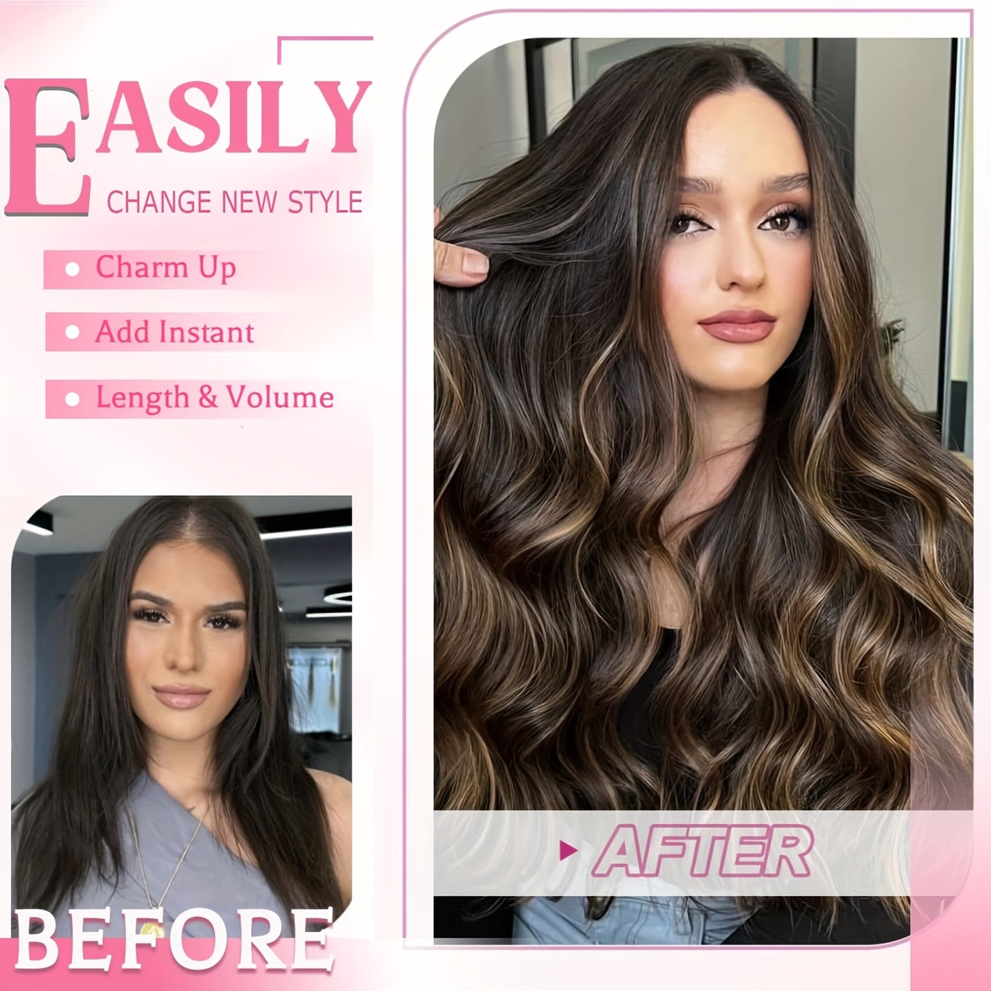 Real Human Hair Clip-In Extensions, Seamless Design for Women, Made from Remy Hair, Featuring Double Wefts with 8pcs Available in Lengths from 14 to 24 Inches, Transitioning from Natural Black to Chestnut Brown